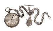 An antique English pocket watch with engraved silver case and dial decorated with rose gold highlights, suspended on a sterling chain with shield fob, 19th century,