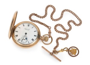 WALTHAM crown wind pocket watch in gold filled full hunter case, suspended on a 9ct gold chain with an "ADVANCE AUSTRALIA" 9ct rose gold patriotic fob, 19th/20th century, the watch 7cm high including bow, the chain 42cm long, 25.8 grams