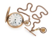 WALTHAM&nbsp;crown wind pocket watch in gold filled full hunter case, suspended on a 9ct gold chain with an "ADVANCE AUSTRALIA" 9ct rose gold patriotic fob, 19th/20th century, the watch 7cm high including bow,&nbsp;the chain 42cm long, 25.8 grams