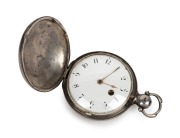 An antique English sterling silver full hunter cased pocket watch with verge chain fusee movement, Arabic numerals with front wind. Made by "GEORGE READ, LONDON No.470" with handsomely pierced and engraved balance cock with jovial hand indicator to the ti