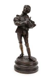 An antique bronze statue of a man with a sword on ebonised timber plinth, 19th century, 31cm high overall