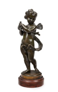 An antique French bronze fairy statue on rouge marble base, 19th century, 27cm high