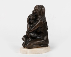 A cast bronze statue of a kneeling mother and child, mounted on later marble base, 20th century, ​​​​​​​19cm high overall