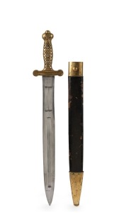 FASCINE KNIFE U.S. artillery short sword in scabbard with fish scale handle, stamped "United States, 1839, W.S.", 64cm long
