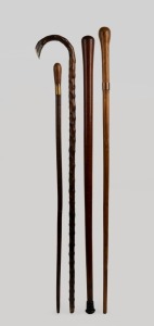 Four assorted antique and vintage walking sticks including black thorn and silver example, Australian fiddleback example, segmented leather example and a spruce example,&nbsp;19th and 20th century, the largest 92cm high