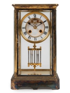 An antique French brass cased four glass library clock with exposed escapement and recessed dial, eight time and bell striking movement with mercury compensated pendulum, 19th century, movement back plate stamped "R.C.", 29cm high