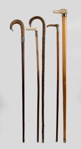 Five assorted antique walking sticks including antler handles, snakewood&nbsp;shaft, blackthorn with silver mounts, silky oak with antler handle, and an ivory handled example on Malacca cane shaft, 19th/20th century, the largest 96cm high