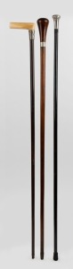 Three assorted walking sticks including fiddleback blackwood, ivory handle with silver collar and silver top example with ebonised shaft, 19th and 20th century, the largest 92cm long