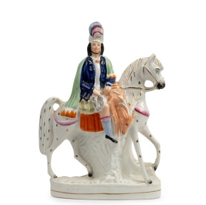 STAFFORDSHIRE "Bonnie Prince Charles" on horseback antique English pottery statue, 19th century, 36cm high