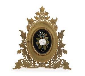 An antique Italian pietra&nbsp;dura picture frame, housing an antique black and white photo portrait of a lady, 19th century, 26cm high