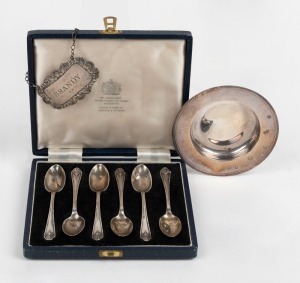 A set of six sterling silver teaspoons, a sterling silver dish and a sterling silver "BRANDY" decanter label, (3 items), 134 grams total