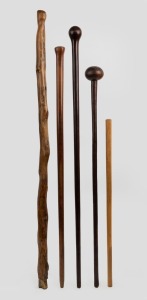 Three timber walking sticks, a walking stick shaft, and a Zulu knobkerrie, (5 items), the largest 98cm long