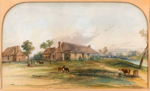 CONRAD MARTENS (1801-1878), (attributed), Colonial homestead, circa 1860s, watercolour with Chinese white highlights, depicting a colonial house with storehouses at the rear, animals and people in the foreground.  22 x 37.5cm, 53 x 66cm overall.