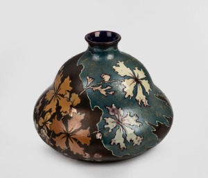 ERNST WAHLISS Austrian Art Nouveau pottery vase with leaf decoration, late 19th century, stamped "Made In Austria, Pergamon, Vienna, Turn, E. W.", 14cm high