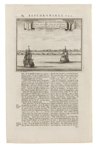 FRANCOIS VALENTIJN (1666 - 1727), Anthony Van Diemens Land, copper plate engraving, 1726, depicting the scene described in Abel Tasman's journal on 25th November 1642, image 13 x 17cm; whole page 34 x 21cm.