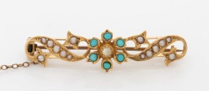 WILLIS & SONS of Melbourne antique 15ct yellow gold brooch, set with turquoise and seed pearls in a floret design, 19th century, stamped "15" flanked by pictorial marks, 4.8cm wide, 4.7 grams