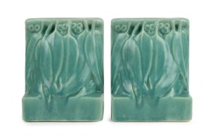 MELROSE WARE pair of green glazed pottery gum leaf and gumnut bookends, stamped "Melrose Ware, Australian", 14.5cm high