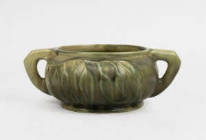 MELROSE WARE olive green glazed two handled pottery bowl with gum leaf decoration, stamped "Melrose Ware, Australian", 8cm high, 22cm wide