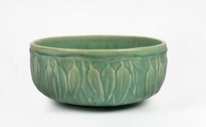 MELROSE WARE green glazed pottery circular fruit bowl with gum leaf decoration, stamped "Melrose Ware, Australian", 8cm high, 19cm wide