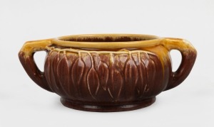 MELROSE WARE rare mustard and brown glazed two handled pottery bowl with gum leaf decoration, stamped "Melrose Ware, Australian", 8cm high, 23cm wide