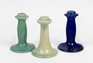 MELROSE WARE three green and blue glazed pottery candlesticks, the green examples stamped "Melrose Ware, Australian", 15.5cm high