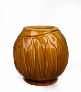 MELROSE WARE rare mustard glaze spherical pottery vase with gum leaf decoration, stamped "Melrose Ware, Australian", 14cm high