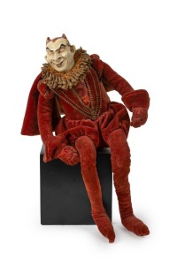 MARGUERITE MAHOOD rare pottery devil doll in original hand-made costume, 35cm high on stand