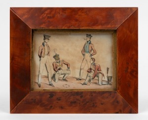 An antique coloured etching of soldiers gaming, housed in a birdseye huon pine frame, 15.5 x 19cm overall