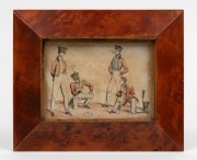 An antique coloured etching of soldiers gaming, housed in a birdseye huon pine frame, ​​​​​​​15.5 x 19cm overall