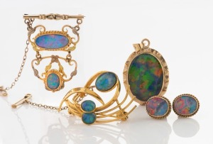 A 9ct yellow gold and opal doublet brooch, pendant and pair of earrings, together with an opal doublet brooch, 20th century, (4 items), the pendant 3.5cm high overall
