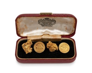 A pair of antique cufflinks with gold nugget specimens and British Guiana gold coins, 19th century, 21.9 grams total