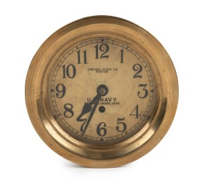 CHELSEA CLOCK CO. U.S. NAVY vintage brass bulkhead clock with Arabic numerals and marked "Chelsea Clock Co, Boston, U.S. Navy, Ser. No. 13032, 1940", 19cm diameter