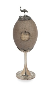 Australian silver mounted emu egg trophy with emu finial, engraved "Presented to Dr. Williamson in grateful remembrance of his extreme kindness to a beloved mother, T. W. B., 1875", South Australian origin, 19th century, 23.5cm high