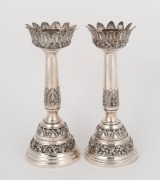 A pair of engraved silver candlesticks, South-East Asian origin, 20th century, stamped "900", maker's mark illegible,&nbsp; 19cm high, 428 grams total
