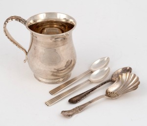 An antique sterling silver christening mug; together with a sterling silver sugar spoon, teaspoon and two GEORG JENSEN Danish silver coffee spoons, (5 items), 194 grams total
