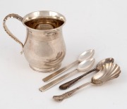 An antique sterling silver christening mug; together with a sterling silver sugar spoon, teaspoon and two GEORG JENSEN Danish silver coffee spoons, (5 items), ​​​​​​​194 grams total
