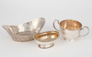 A fine antique Georgian sterling silver salt cellar, a sterling silver two handled cup and an 800 silver bon-bon dish, 19th and 20th century, (3 items), the largest 17cm wide, 416 grams total