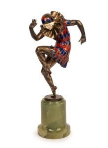 THEODOR ULLMANN (Austria) "Harlequin Dancer" cold painted gilt bronze, and ivory statue on turned green onyx plinth, 1920s, stamped "TH. ULLMANN" with additional monogram mark, 31cm high