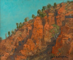 JOHN ANDREW GARDNER (1906-1987), MacDonnel Ranges, Central Australia, 1932, oil on canvas board, signed lower right "John A. Gardner", ​​​​​​​25 x 30cm, 45 x 50cm overall