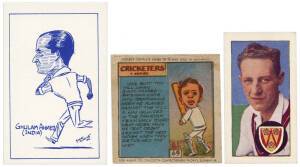 c1959-77 cricket cards, noted c1959 Anonymous "Caricatures of Cricketers" [164]; 1961 Calcutta Confectionary Works "Cricketer Series" [3/75]; 1962 Clevedon Confectionary "Famous Cricketers" [15/25]. Fair/VG. (Total 293).