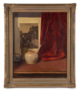 DAVID Q. MOORE, (still life with red drapes), oil on board, signed lower right "David Q. Moore '76", ​​​​​​​60 x 49cm, 74 x 64cm overall