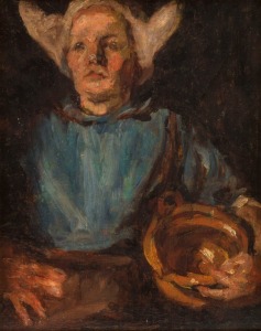 EMANUEL PHILLIPS FOX (attributed), (1865-1915), Peasant Woman of Brittany, (landscape verso), oil on cedar panel, 26 x 21cm, 37 x 32cm overall.