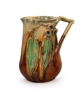 REMUED pottery vase with applied gumnuts, leaves and branch handle, incised "Remued, Hand Made, 189M", 20cm high