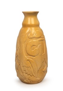 KLYTIE PATE early yellow glazed pottery vase with swan decoration, incised "Klytie Pate, 1941", ​​​​​​​31cm high