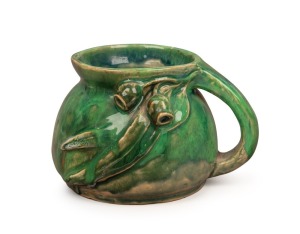 ALISON DAVIDSON green glazed pottery jug with applied gumnuts and leaves, incised "Alison Davidson, Melbourne, 1933", ​​​​​​​10cm high, 15cm wide