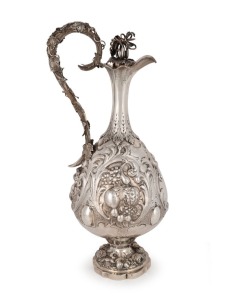 WILLIAM EDWARDS of Melbourne fine quality wine ewer with repousse decoration, applied grapes and leaves and original stopper, 19th century, stamped "W.E." flanked by kangaroo and emu marks, 36.5cm high, 754 grams