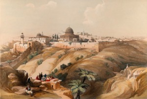 DAVID ROBERTS (Scottish, 1796-1864), Jerusalem, hand-coloured lithograph, signed in plate, "David Roberts April 9th, 1839", inscribed "London, published by F.G. Moon, 20 Threadneddle Street, June 1st, 1844", 33 x 50cm, 59 x 75cm overall