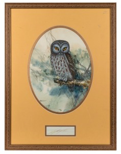ARTIST UNKNOWN, three assorted framed oval watercolour paintings of owls, together with a book titled "Away With The Birds", the frames 63 x 48cm each overall