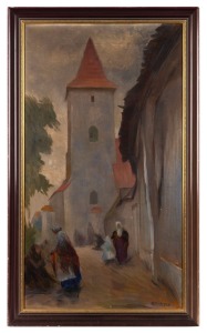 ARTIST UNKNOWN, (untitled European street scene), oil on canvas, signed lower right (illegible), ​​​​​​​71 x 39cm, 79 x 47cm overall