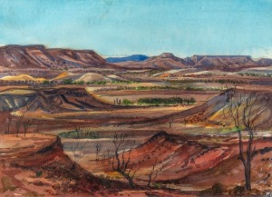 ARTIST UNKNOWN, (untitled desert scene), watercolour and pen, signed and titled lower right (illegible), 26 x 36cm, 59 x 66cm overall